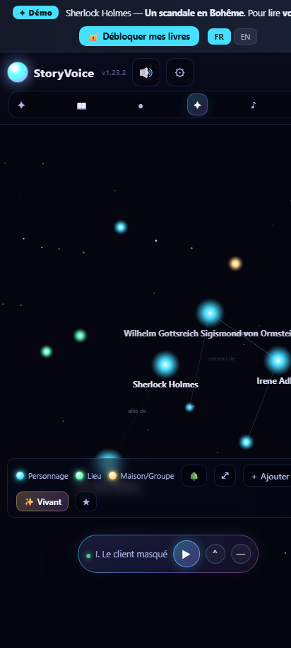 StoryVoice — carte vivante des personnages (constellation)